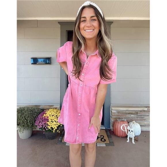 Women's Pink Short Sleeve Button Down Flowy Tiered Mini Babydoll Denim‎ Dresses - Picture 6 of 6